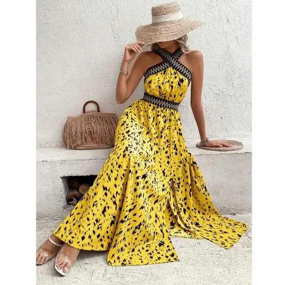 Allover Print Contrast Tape Split Thigh Maxi Dress Yellow - Picture 1 of 6